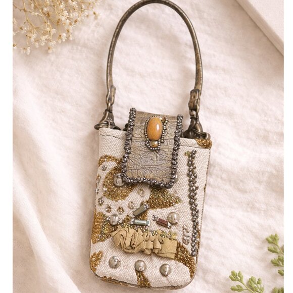 Mary Frances Handbags - Mary Frances Beaded Mini Wristlet Phone Bag Green Gold Earth Tones
